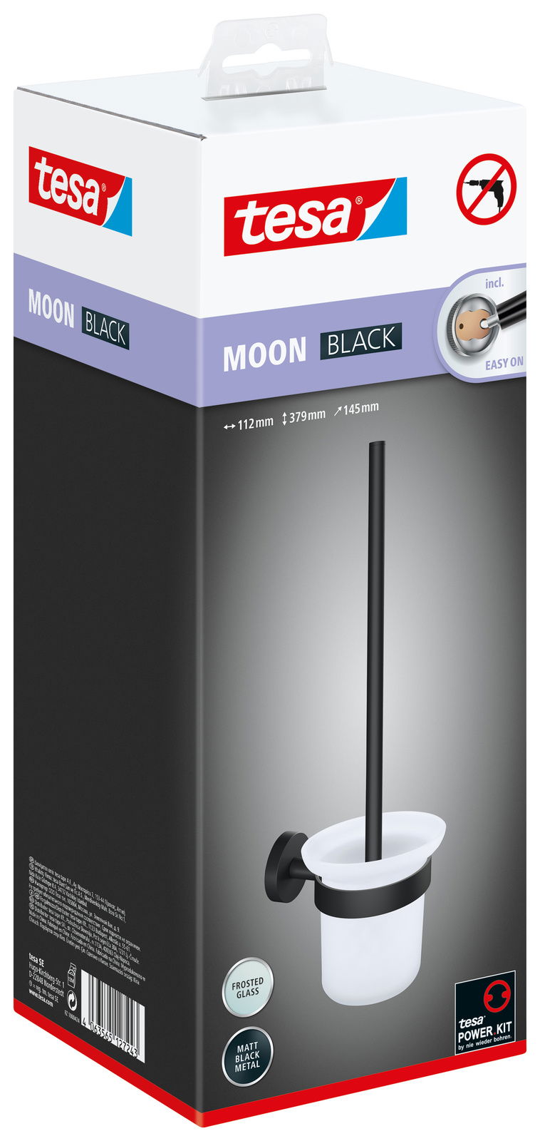 Verpackung der tesa MOON BLACK WC-Bürstenhalterung, mattes schwarzes Metall und satiniertes Glas, perspektivische Ansicht von vorne.