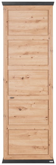 Frontale Ansicht eines Garderobenschranks aus hellem Holz mit natürlicher Maserung und schwarzen Akzenten.