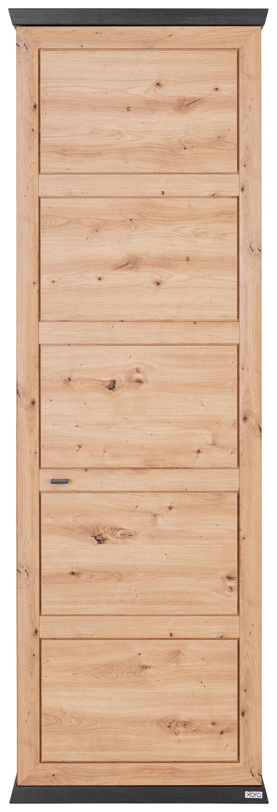 Frontale Ansicht eines Garderobenschranks aus hellem Holz mit natürlicher Maserung und schwarzen Akzenten.