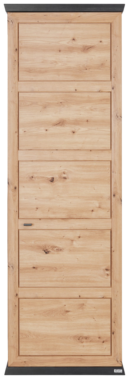 Frontale Ansicht eines Garderobenschranks aus hellem Holz mit natürlicher Maserung und schwarzen Akzenten.