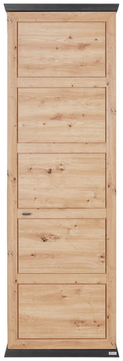 Frontale Ansicht eines Garderobenschranks aus hellem Holz mit natürlicher Maserung und schwarzen Akzenten.