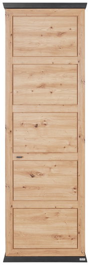 Frontale Ansicht eines Garderobenschranks aus hellem Holz mit natürlicher Maserung und schwarzen Akzenten.
