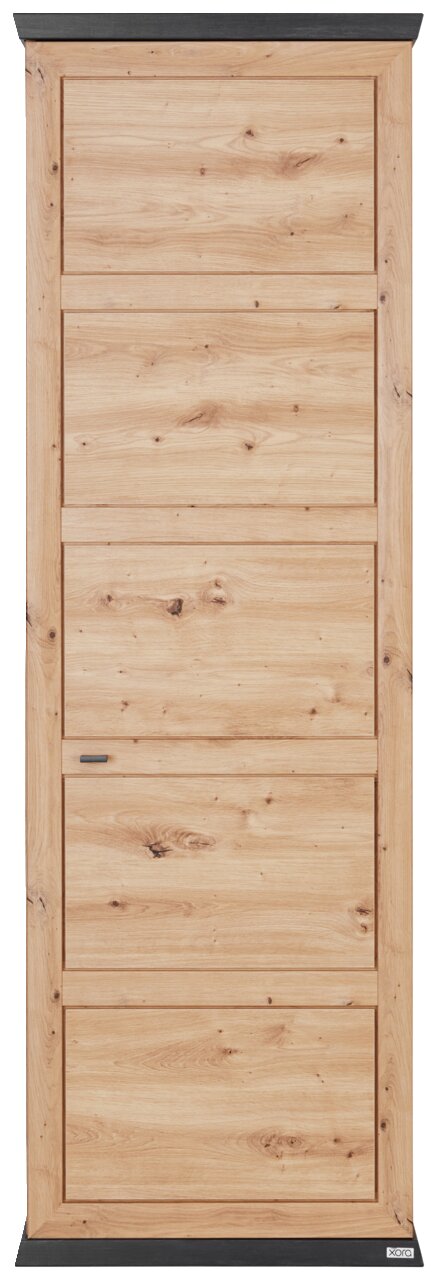 Vooraanzicht van een garderobekast van licht hout met een natuurlijke nerf en zwarte accenten.