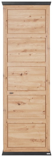 Vooraanzicht van een garderobekast van licht hout met een natuurlijke nerf en zwarte accenten.