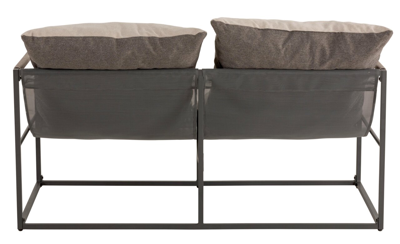 Rückansicht eines 2-sitzigen Lounge-Sofas mit grauem Metallrahmen und grauen Kissen.