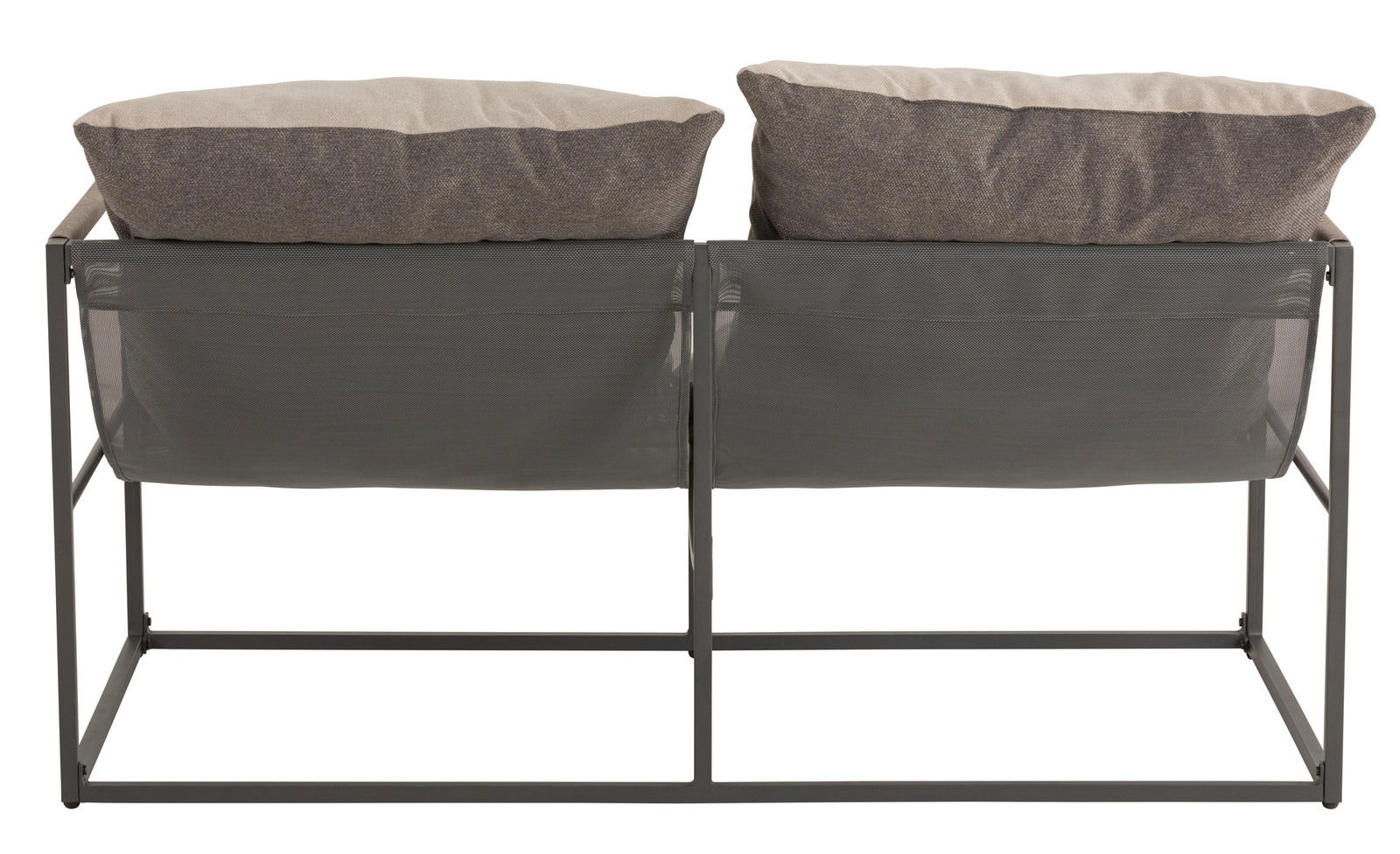 Rückansicht eines 2-sitzigen Lounge-Sofas mit grauem Metallrahmen und grauen Kissen.