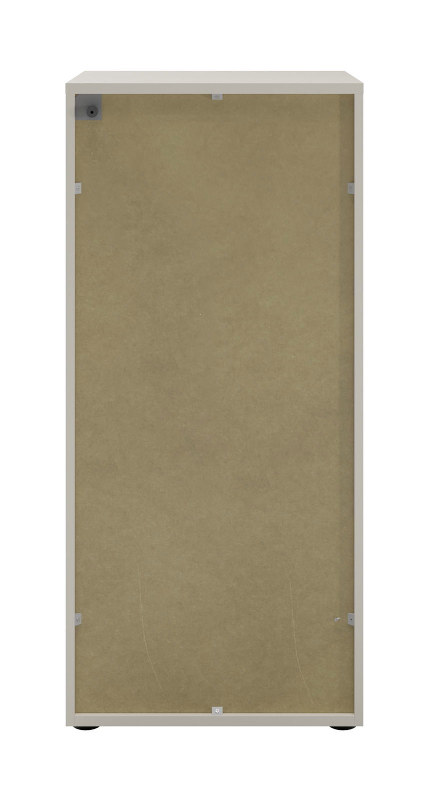 Rückansicht eines Aktenregals mit einfacher Rückwand in neutraler Farbe.