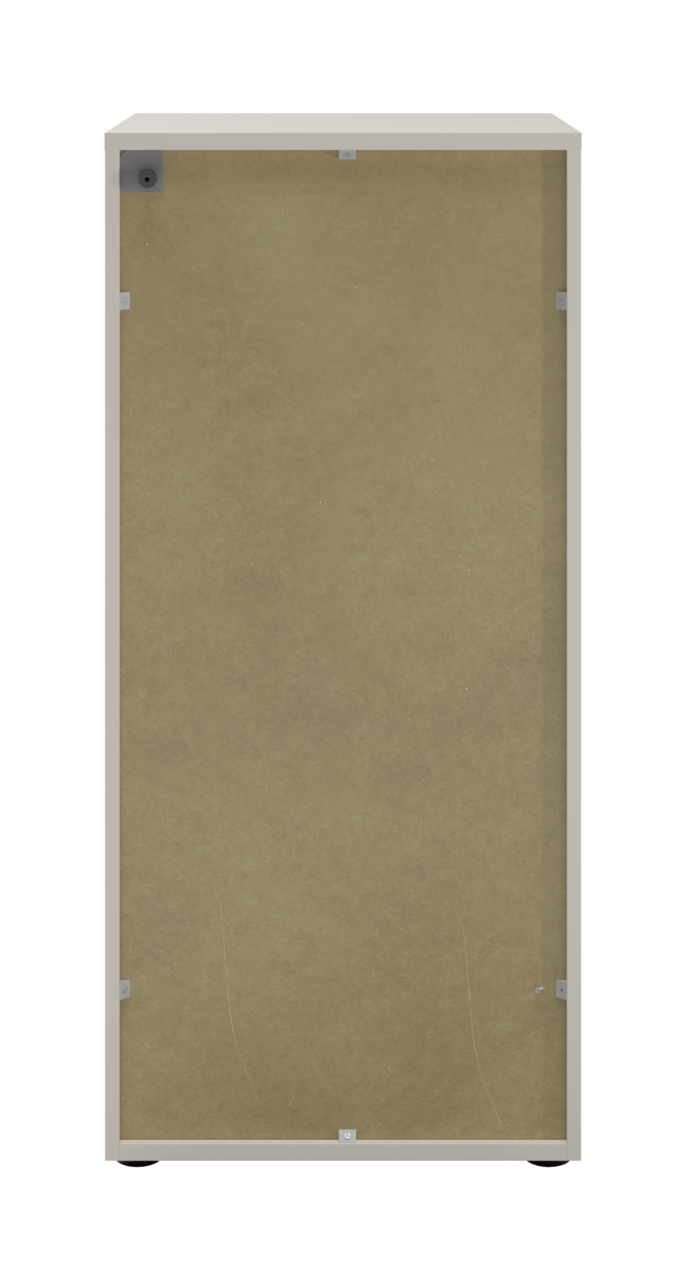 Rückansicht eines Aktenregals mit einfacher Rückwand in neutraler Farbe.