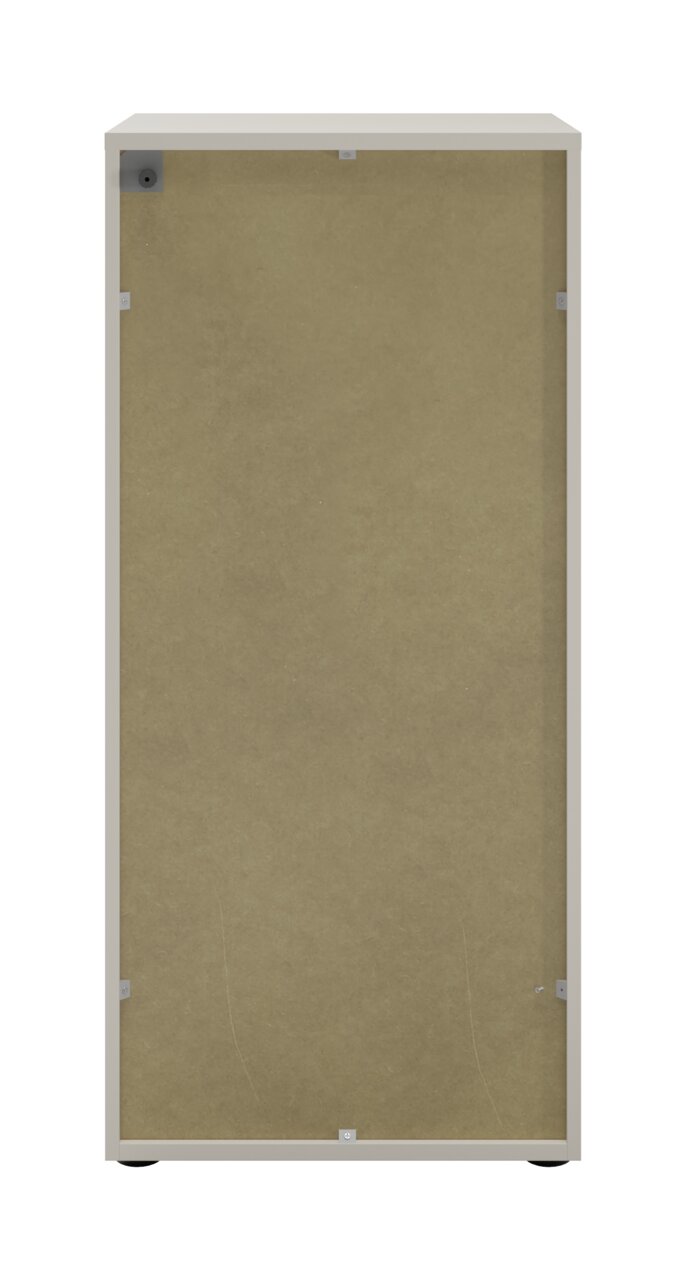Rückansicht eines Aktenregals mit einfacher Rückwand in neutraler Farbe.