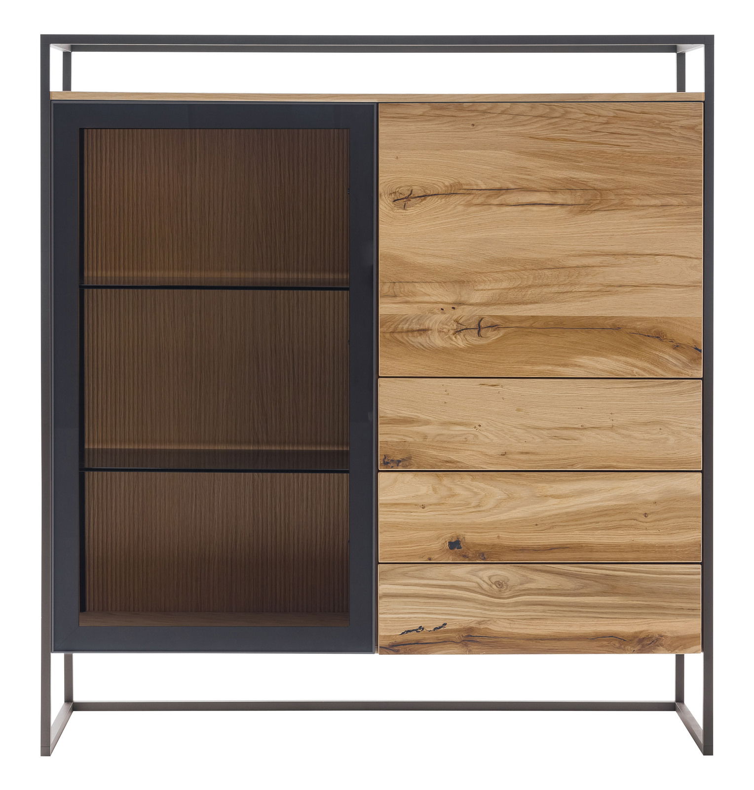 Frontale Ansicht eines modernen Highboards mit einer Kombination aus Holz und Glas, links mit Glastür und rechts mit Holzschubladen.