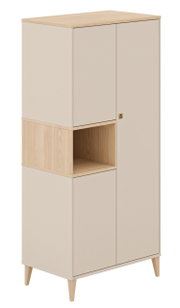 Moderner dreitüriger Kleiderschrank in hellem Holzdesign mit offenem Fach, seitliche Perspektive