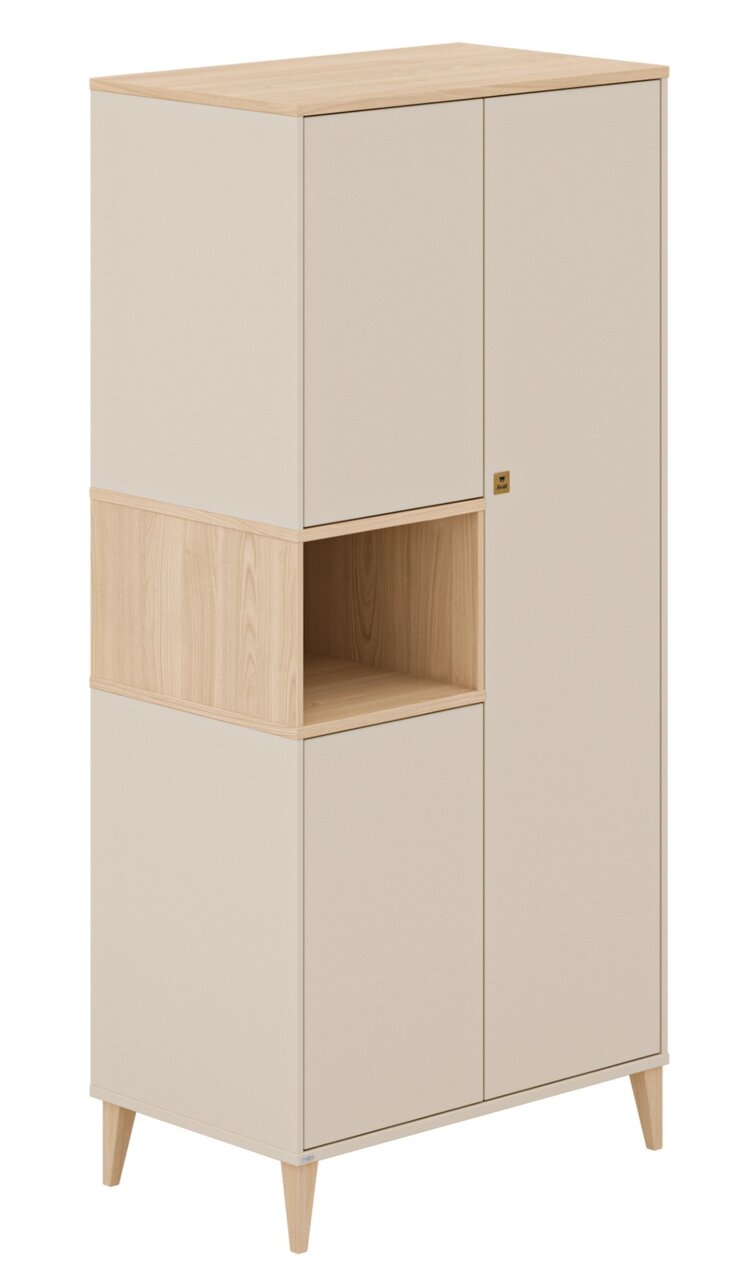 Moderner dreitüriger Kleiderschrank in hellem Holzdesign mit offenem Fach, seitliche Perspektive