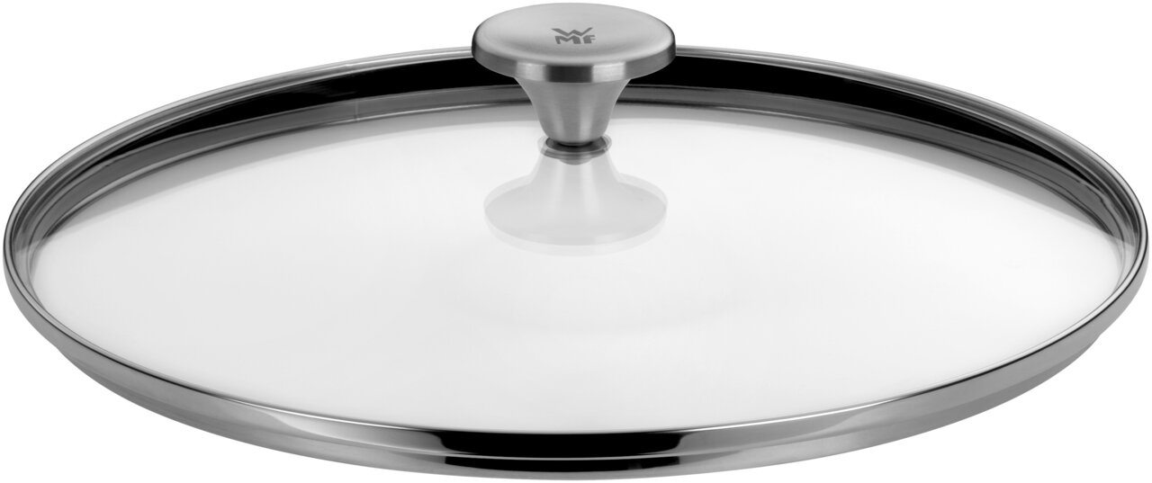 Deckel aus Edelstahl mit Glasfenster und Griff, seitliche Perspektive