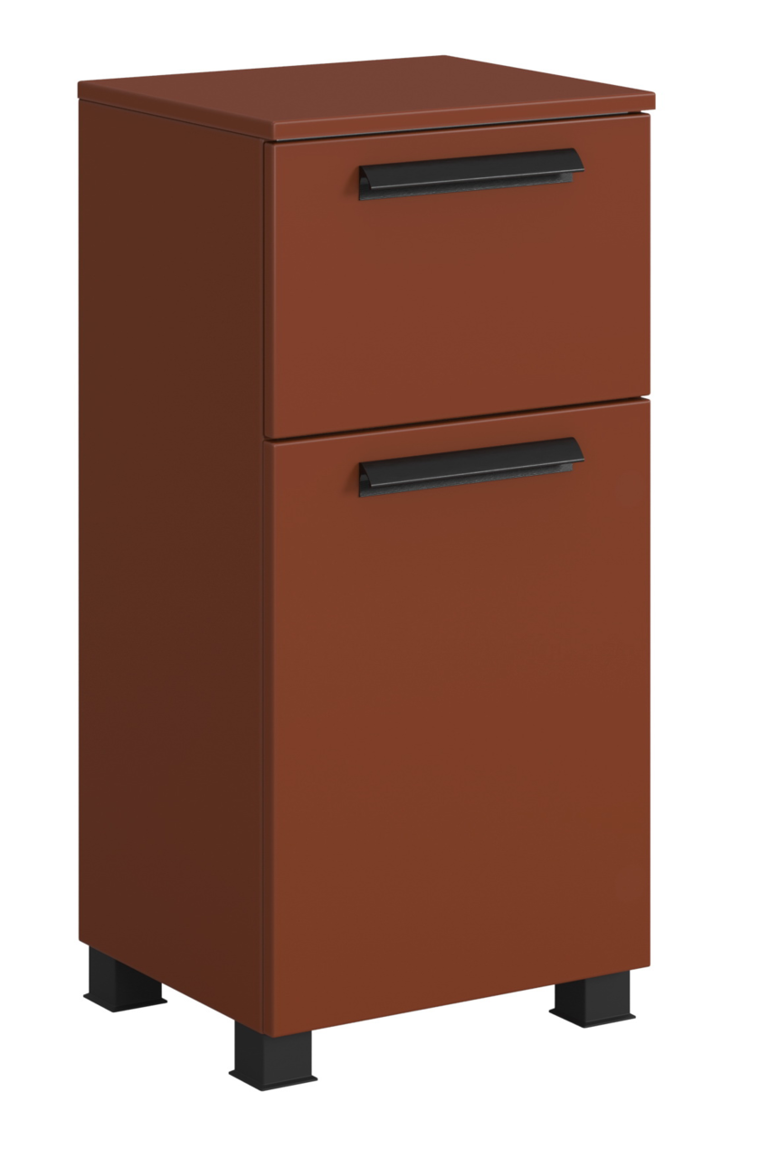 Brauner Unterschrank mit zwei Schubladen und schwarzen Griffen, perspektivisch von vorne links betrachtet.