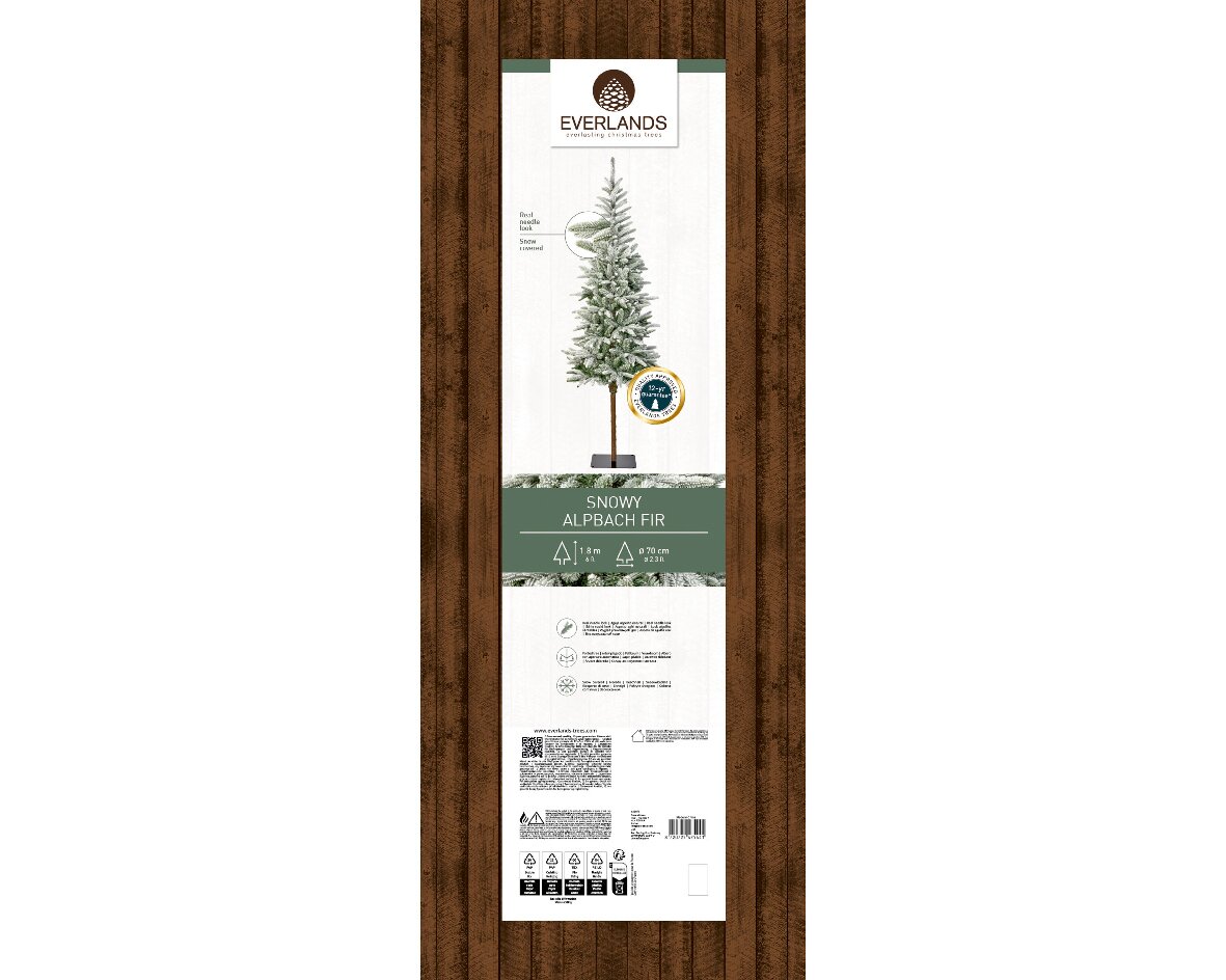 Künstlicher Weihnachtsbaum 'Snowy Alpbach Fir' von Everlands, 1,8 m hoch, mit Schnee bedeckt, aufrecht stehend in der Verpackung.