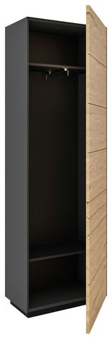 Moderner Garderobenschrank mit schwarzem Korpus und geöffneter Holztür, seitliche Perspektive
