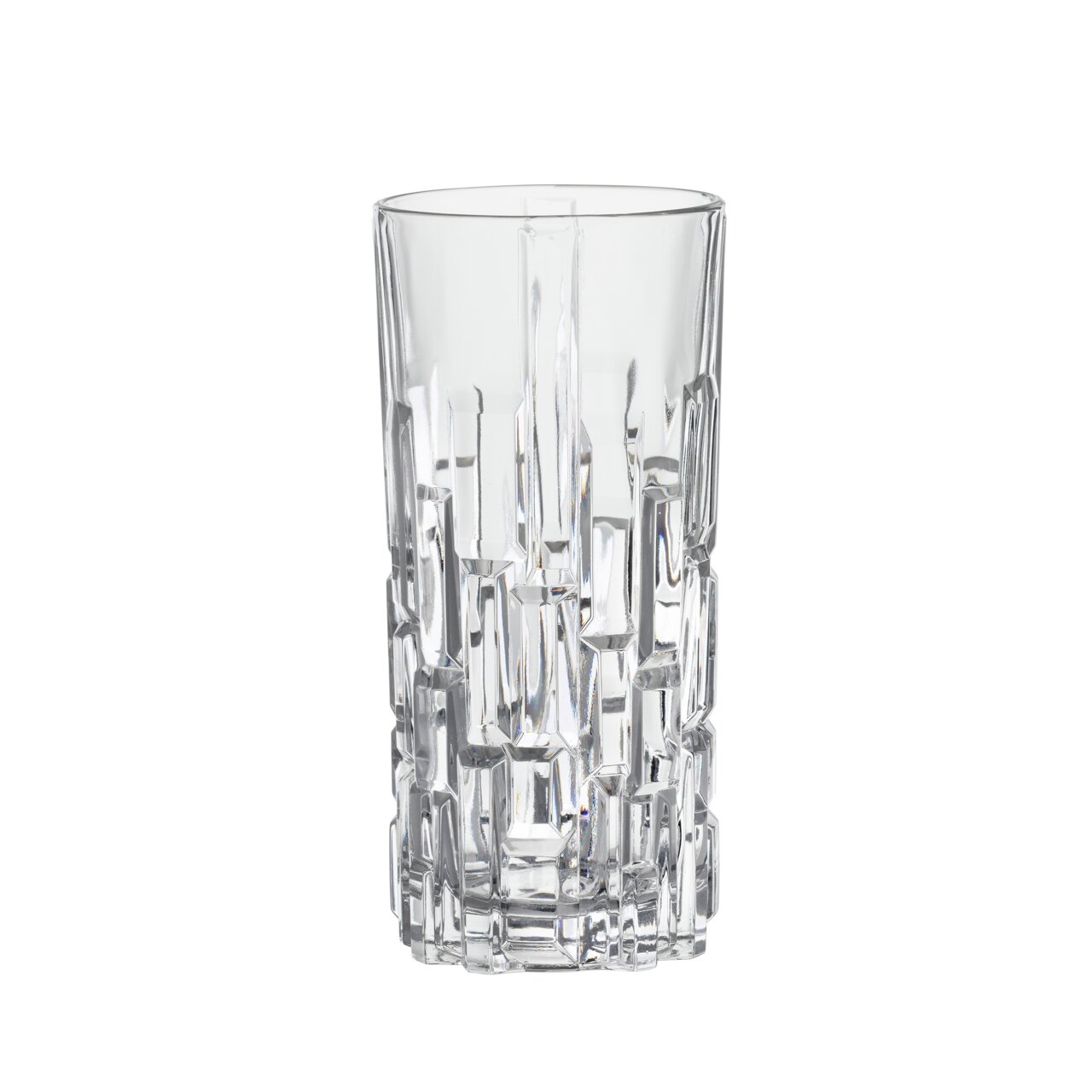 Klarglas-Longdrinkbecher mit facettiertem Design, seitliche Perspektive