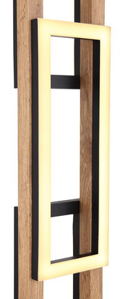 Detailansicht einer modernen Stehleuchte mit rechteckigem, leuchtendem Rahmen in Holzoptik und schwarzem Metall, seitliche Perspektive.