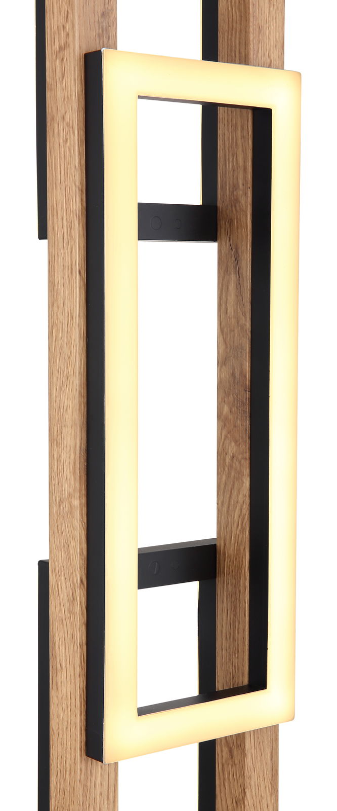 Detailansicht einer modernen Stehleuchte mit rechteckigem, leuchtendem Rahmen in Holzoptik und schwarzem Metall, seitliche Perspektive.