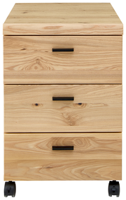 Frontansicht eines Rollcontainers aus Holz mit drei Schubladen und schwarzen Griffen auf Rollen.