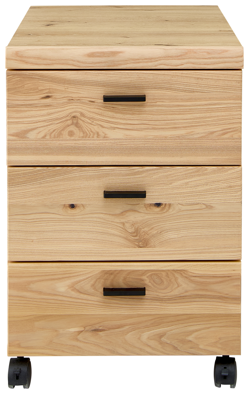 Frontansicht eines Rollcontainers aus Holz mit drei Schubladen und schwarzen Griffen auf Rollen.