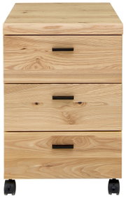 Frontansicht eines Rollcontainers aus Holz mit drei Schubladen und schwarzen Griffen auf Rollen.