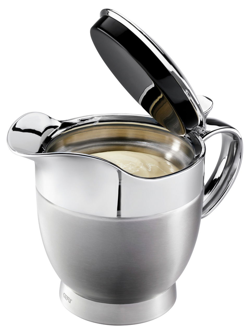 Thermo-Sauciere SERVIRO aus Edelstahl mit geöffnetem Deckel, seitliche Perspektive