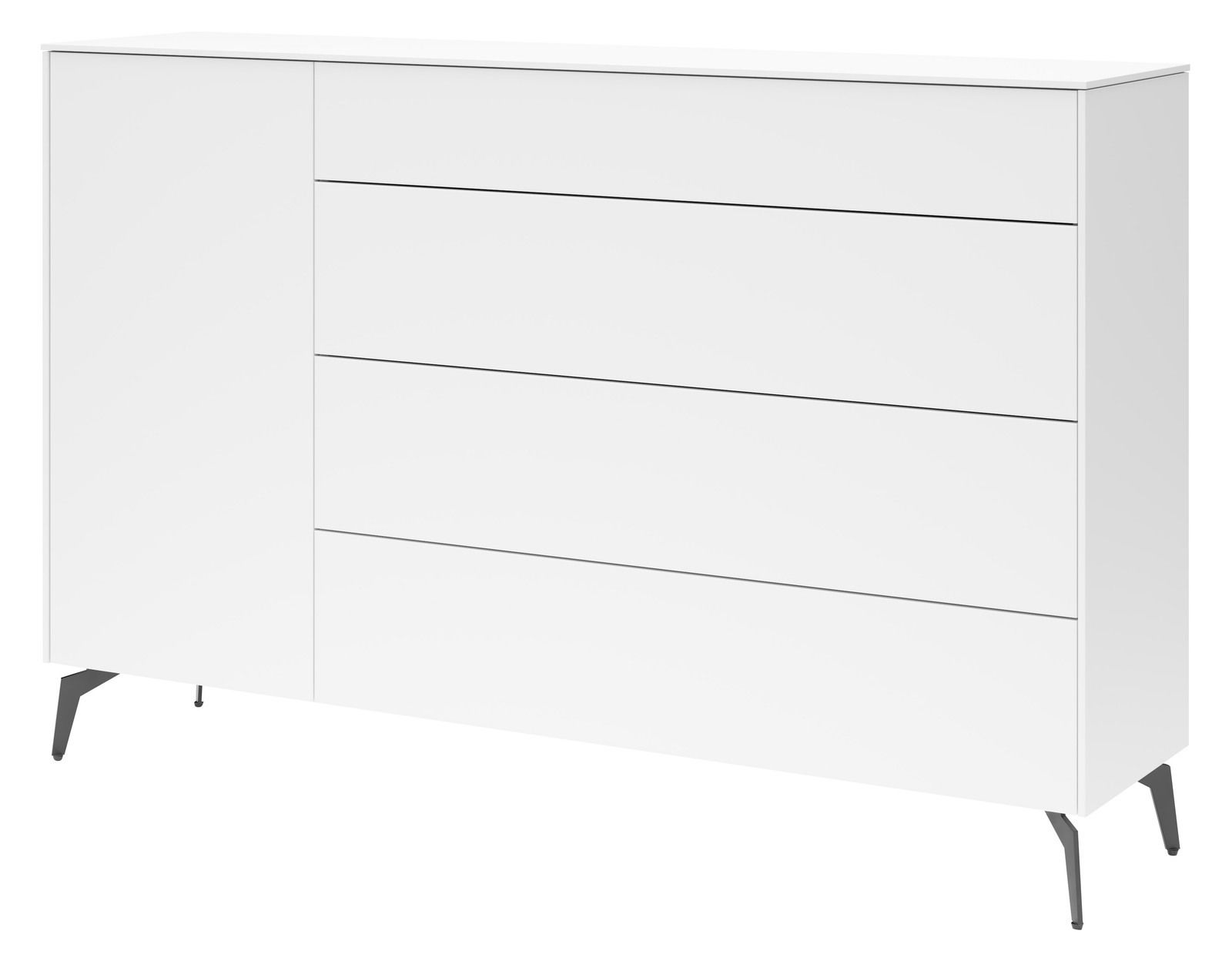 Weiße Kommode mit vier Schubladen und schwarzen Beinen, seitliche Perspektive