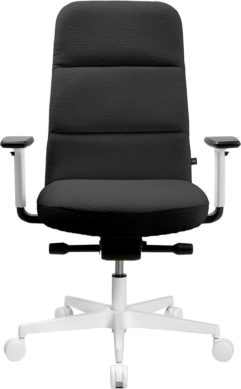 Schwarzer ergonomischer Bürostuhl mit hoher Rückenlehne, gepolstertem Sitz, Armlehnen und weißem Fußkreuz mit Rollen, frontale Ansicht