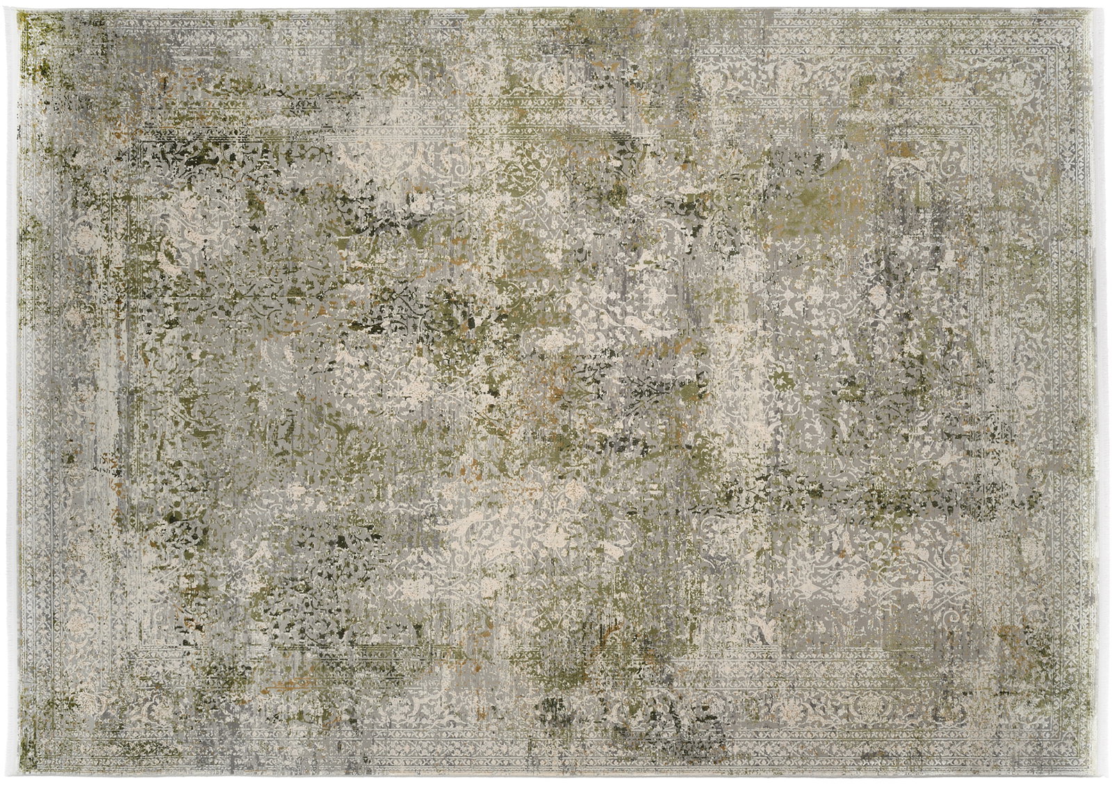 Designer Teppich mit abstraktem Muster in Grün- und Grautönen, Draufsicht