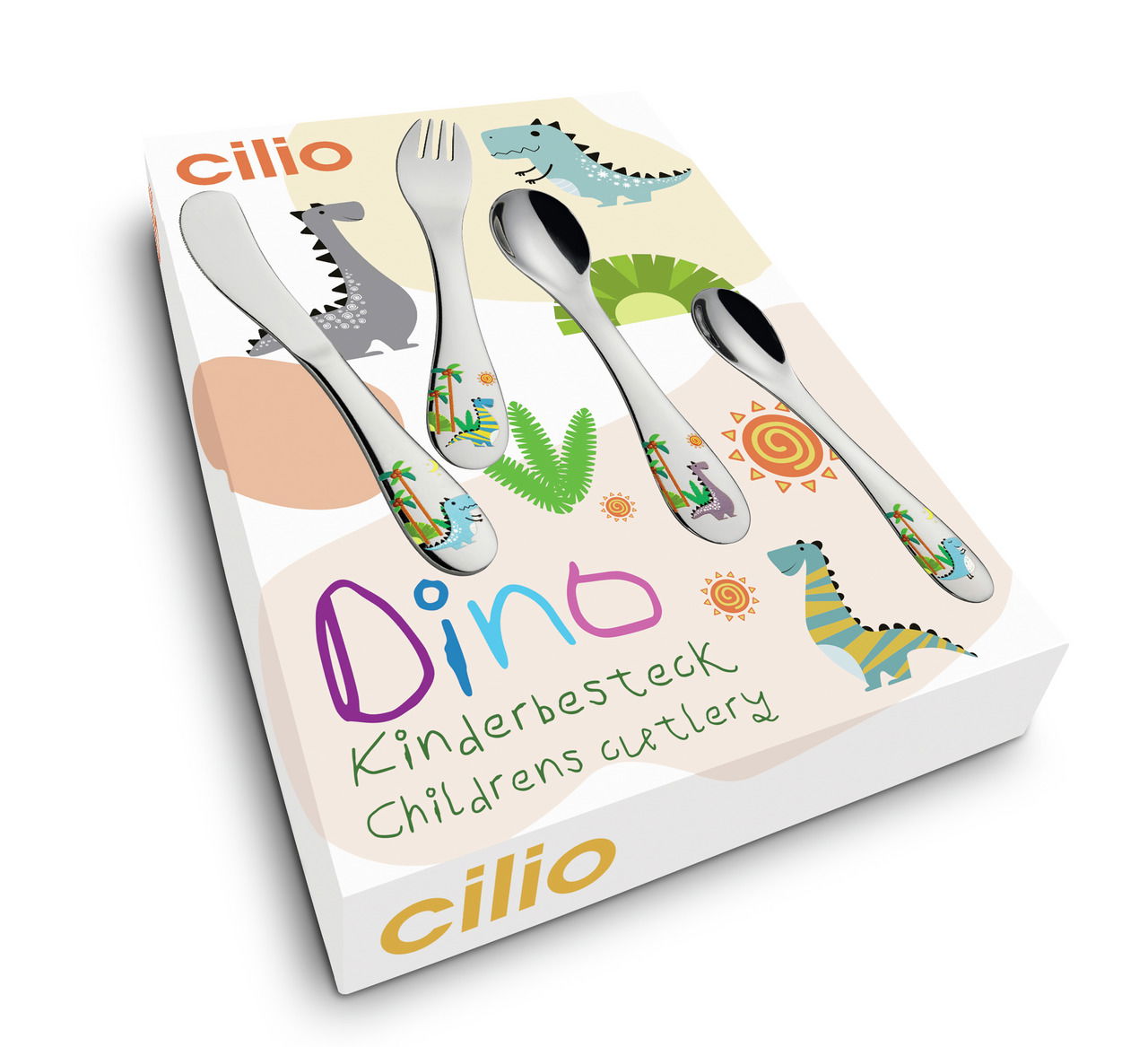 Kinderbesteck-Set mit Dinosaurier-Motiven, bestehend aus Messer, Gabel, Löffel und Teelöffel, in schräger Perspektive auf der Verpackung präsentiert.