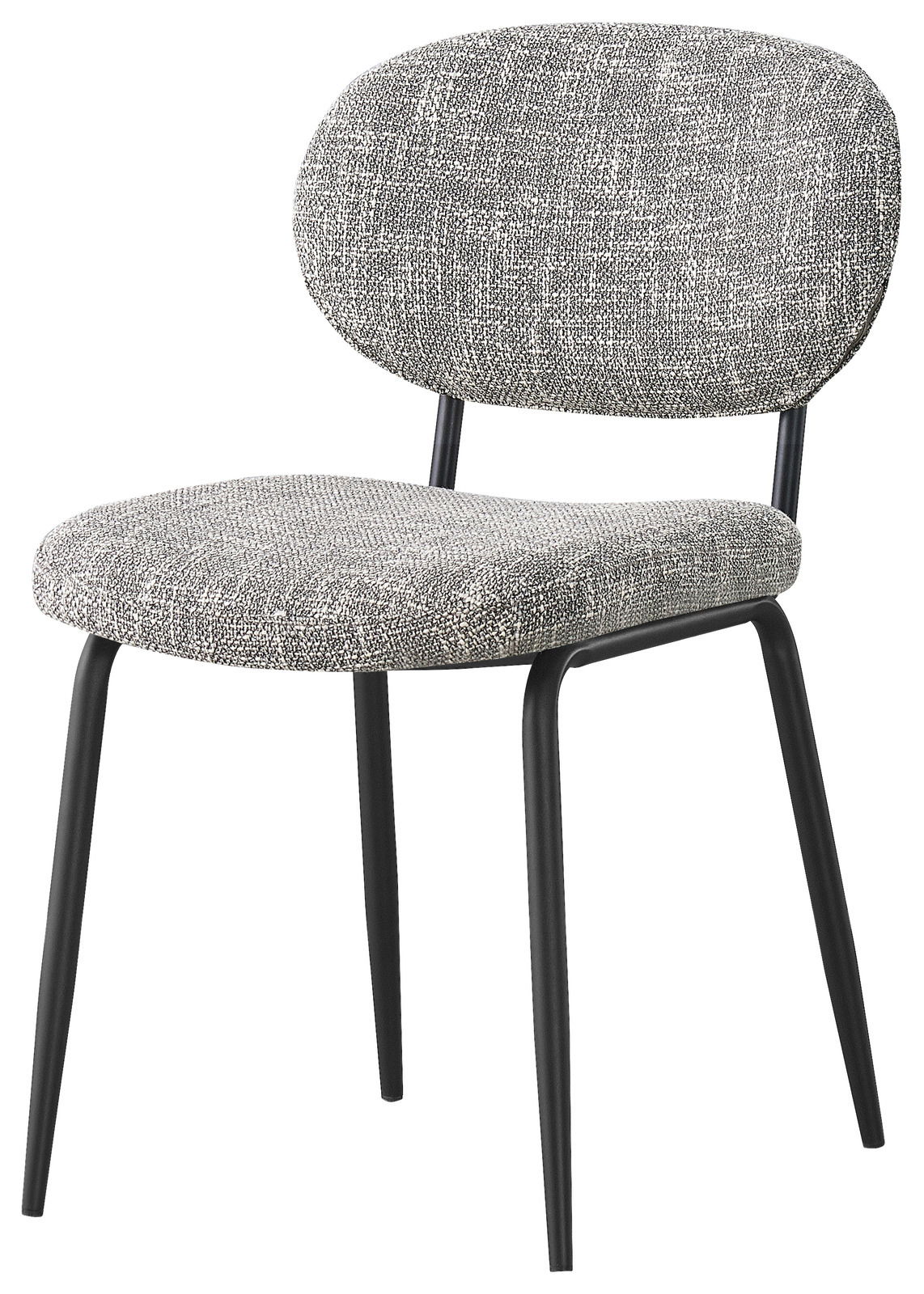 Moderner Stuhl mit grauem Stoffbezug und schwarzem Metallgestell, seitliche Perspektive