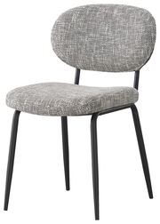 Moderner Stuhl mit grauem Stoffbezug und schwarzem Metallgestell, seitliche Perspektive