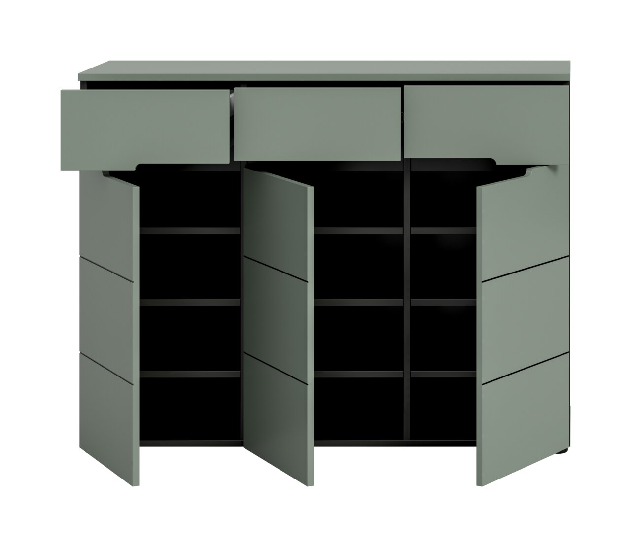 Modernes Sideboard in mattem Salbeigrün mit drei Schubladen oben und drei geöffneten Türen, innen schwarze Regalfächer; Frontansicht leicht von oben.