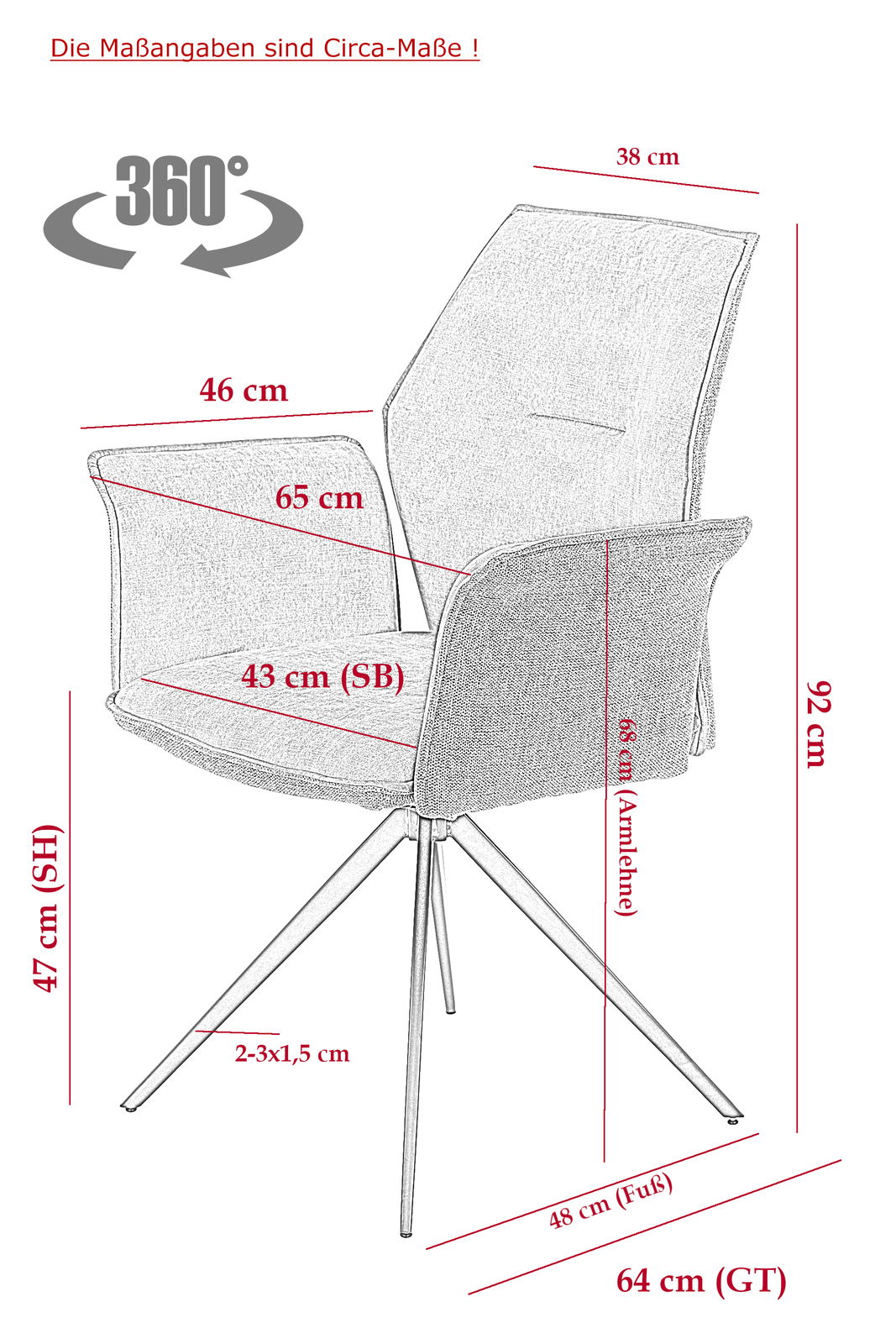 Armlehnstuhl mit modernen Metallbeinen, Seitenansicht, Maße: 92 cm hoch, 64 cm tief, 47 cm Sitzhöhe.