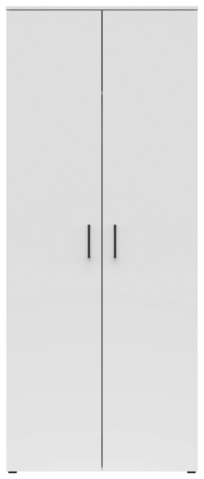 Moderner weißer Mehrzweck-Kleiderschrank mit zwei Türen und schwarzen Griffen, Frontalansicht