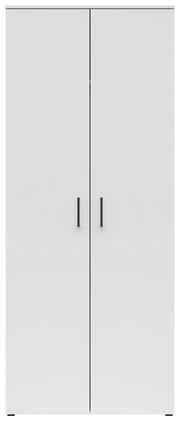 Moderner weißer Mehrzweck-Kleiderschrank mit zwei Türen und schwarzen Griffen, Frontalansicht