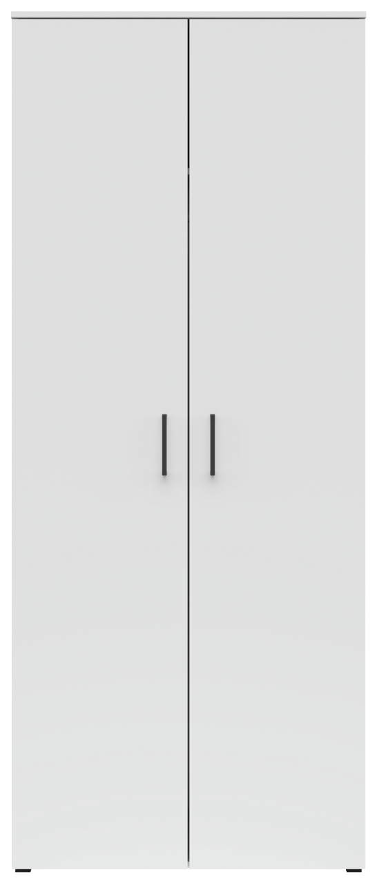 Moderner weißer Mehrzweck-Kleiderschrank mit zwei Türen und schwarzen Griffen, Frontalansicht