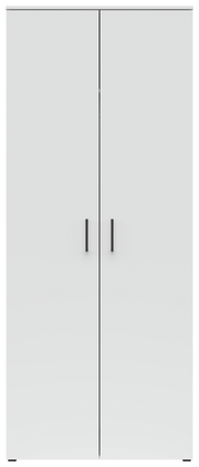 Moderner weißer Mehrzweck-Kleiderschrank mit zwei Türen und schwarzen Griffen, Frontalansicht