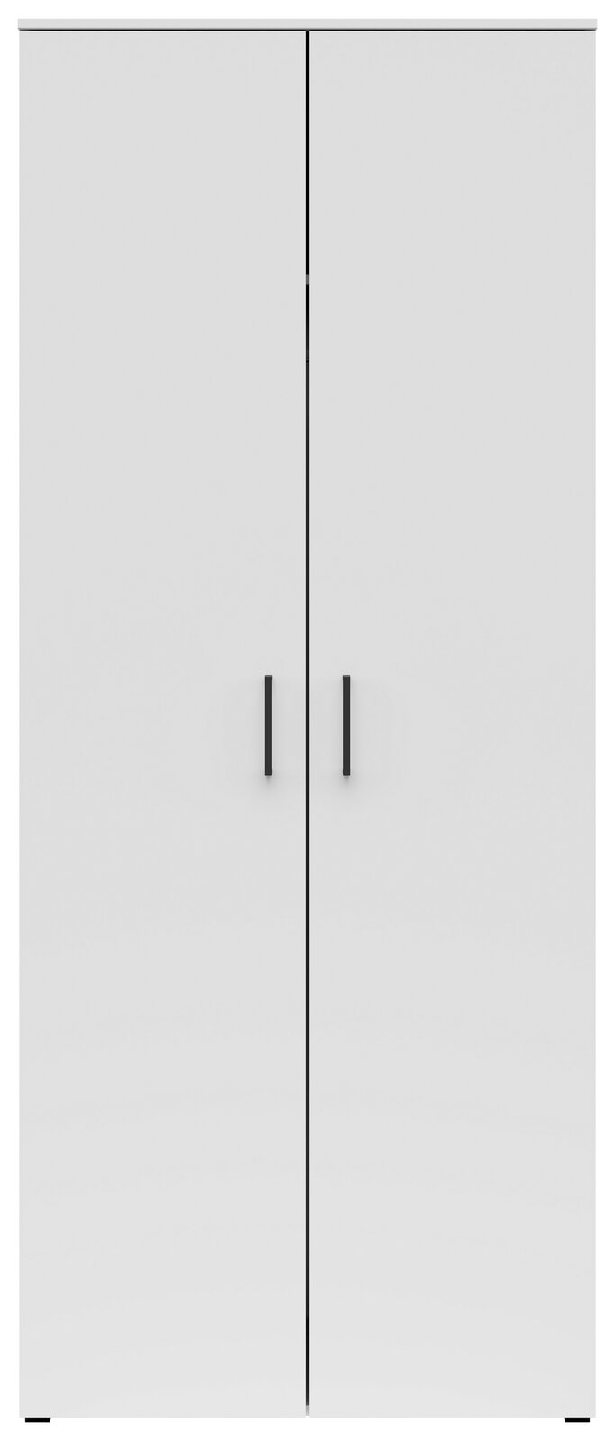 Moderner weißer Mehrzweck-Kleiderschrank mit zwei Türen und schwarzen Griffen, Frontalansicht