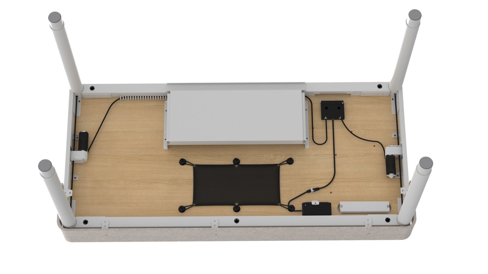 Unterseite eines Tisches/Schreibtischs mit Holzplatte, weißem Rahmen und vier weißen Beinen, Kabelmanagement und Elektronikbox sichtbar, Ansicht von unten (Bottom-View) vor weißem Hintergrund