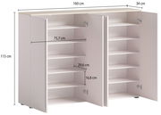 XXL-Schuhschrank mit offenen Türen, zeigt mehrere Regalböden zur Schuhaufbewahrung, Perspektive von vorne