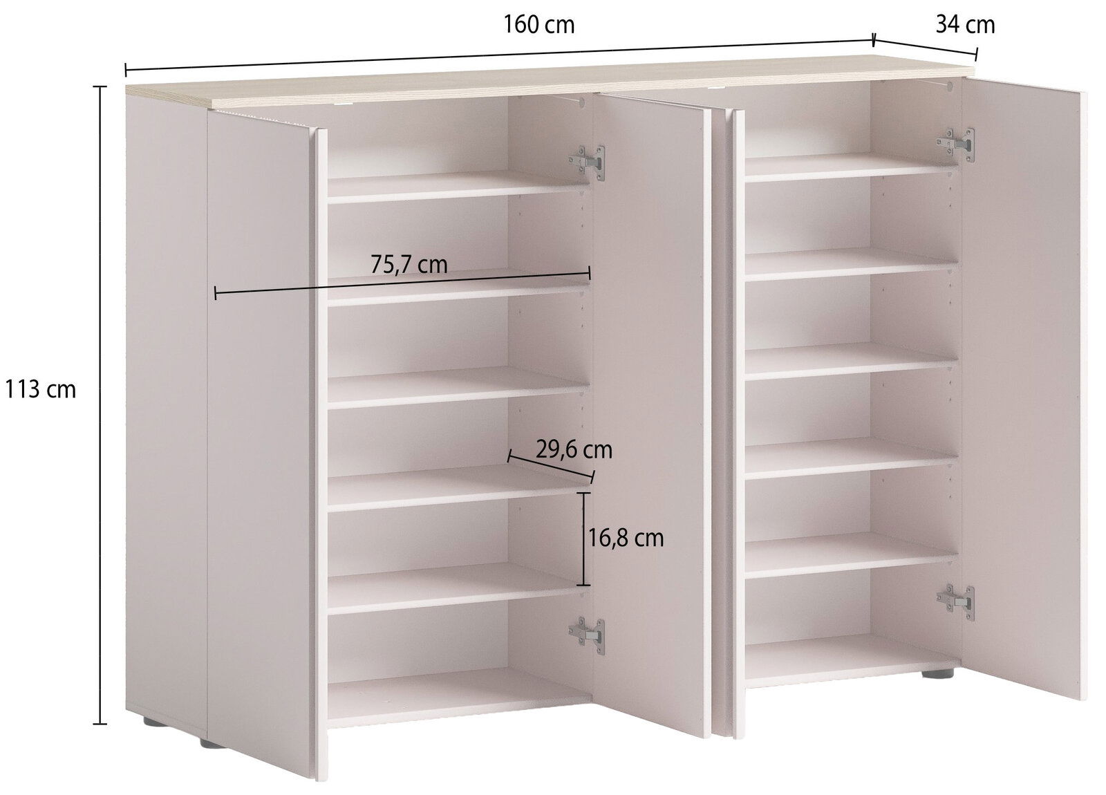 XXL-Schuhschrank mit offenen Türen, zeigt mehrere Regalböden zur Schuhaufbewahrung, Perspektive von vorne