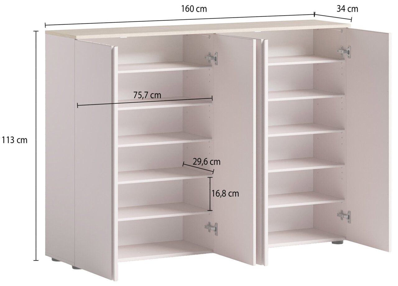 XXL-Schuhschrank mit offenen Türen, zeigt mehrere Regalböden zur Schuhaufbewahrung, Perspektive von vorne