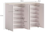 XXL-Schuhschrank mit offenen Türen, zeigt mehrere Regalböden zur Schuhaufbewahrung, Perspektive von vorne