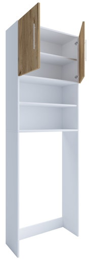 Weißer Bad-Überbauschrank für Waschmaschine mit offenen Regalfächern und zwei geöffneten Holztüren mit Metallgriffen, schräg von vorne in leichter Seitenansicht dargestellt.