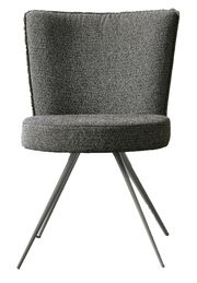 Moderner grauer Stuhl mit Stoffbezug und schrägen Metallbeinen, Frontalansicht
