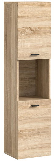 Moderner Badschrank aus Holz in Eichenoptik mit zwei Türen und einem offenen Fach, seitliche Perspektive