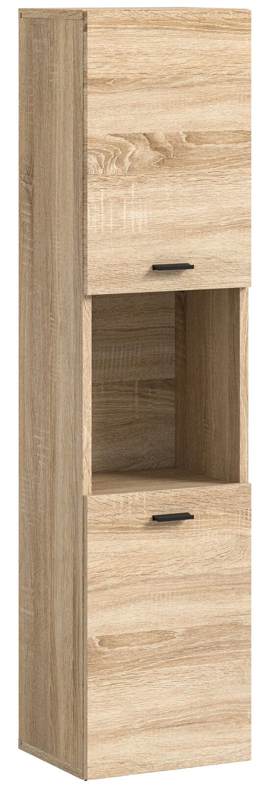 Moderner Badschrank aus Holz in Eichenoptik mit zwei Türen und einem offenen Fach, seitliche Perspektive