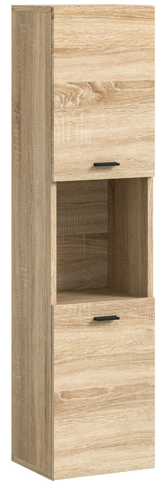 Moderner Badschrank aus Holz in Eichenoptik mit zwei Türen und einem offenen Fach, seitliche Perspektive